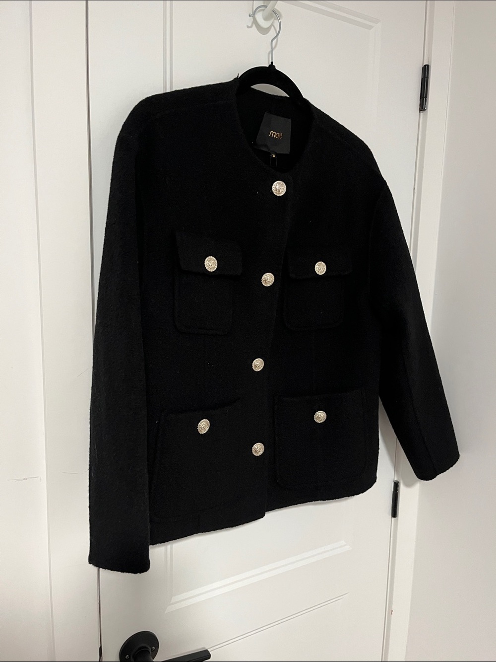 Maje Black Wool-Blend Pocket Jacket with silver Buttons